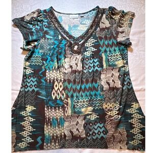 Avenue Womens Teal Brown Ikat Beaded V-Neck Short Sleeve Blouse Top Size 14/16